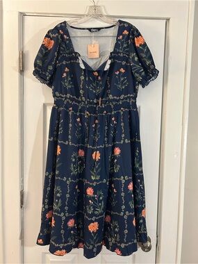 Floral Puff-Sleeve Dress with Pink-Orange Blooms